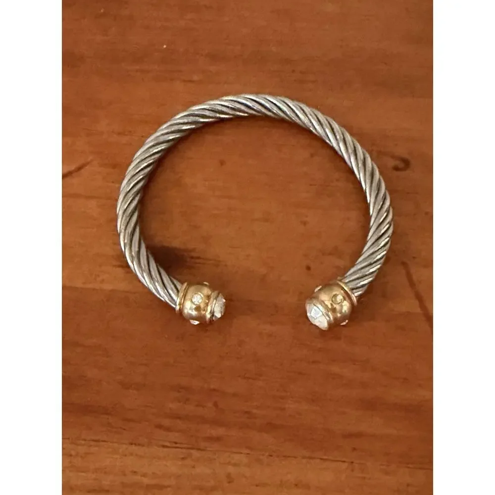 Retro Inspired Stylish Silver Rope Cuff Bracelet Gold Bar Ends Rhinestones